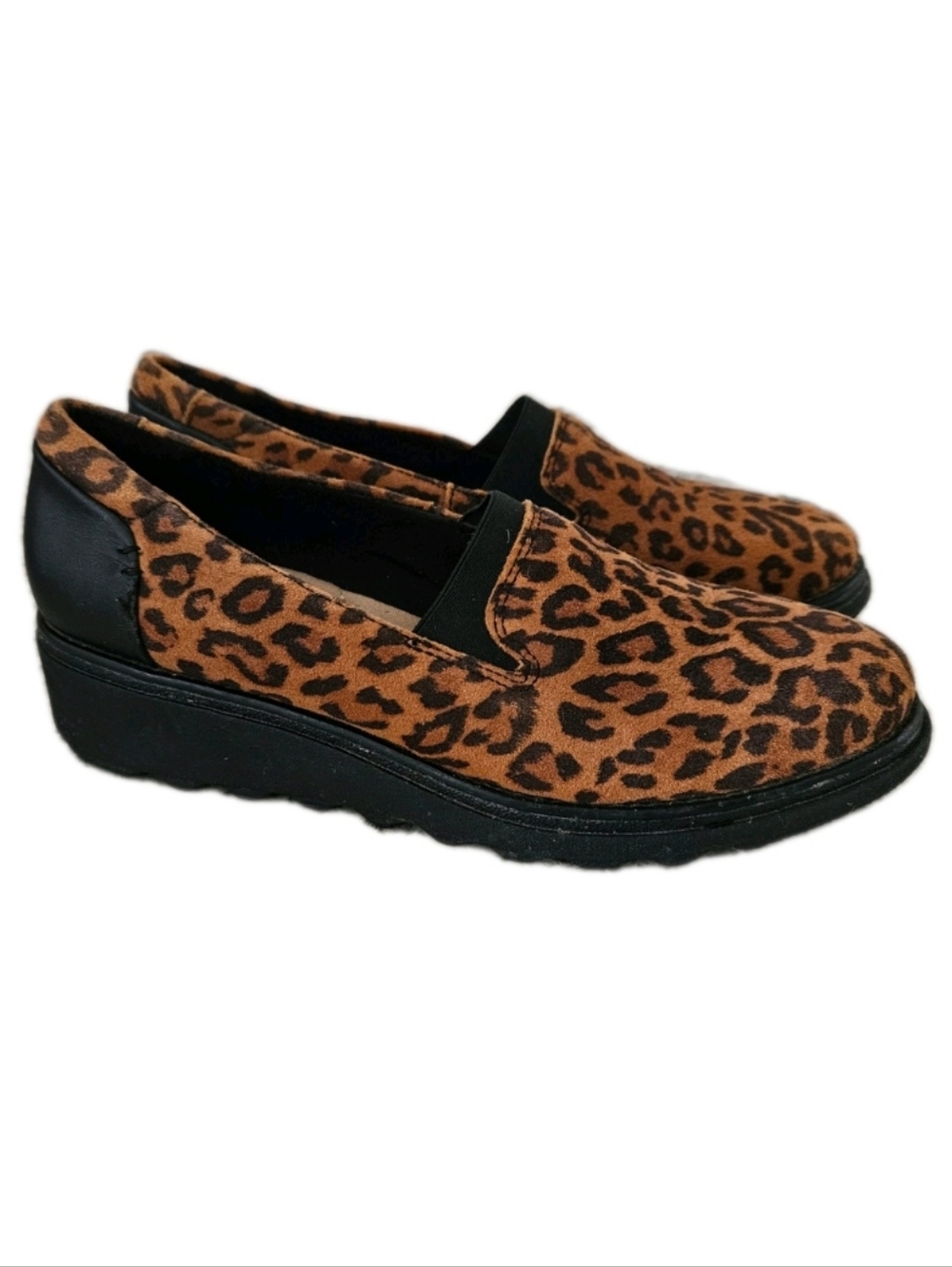 Clarks Sharon Dolly Leopard Print Platform Loafers Lug Sole Comfort Shoes Size 7